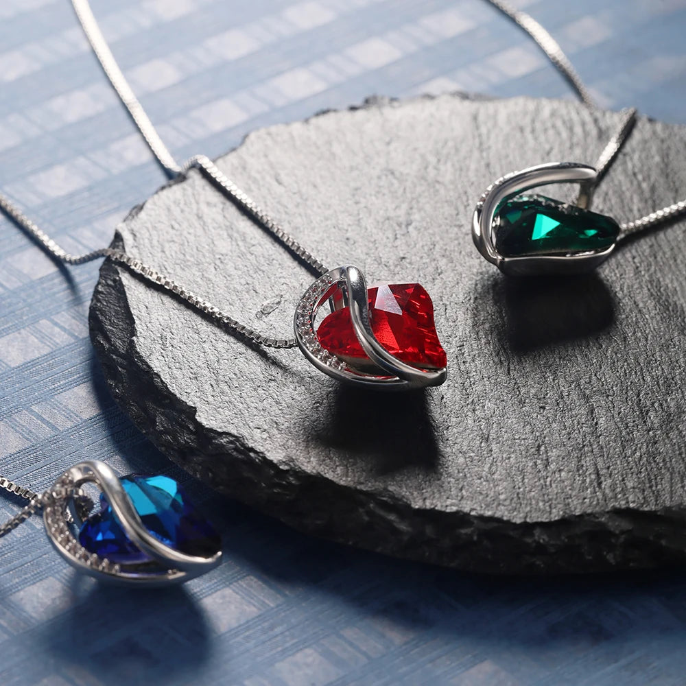 925 Sterling Silver Colorful Crystal Heart Necklace – Trendy Daily Jewelry for Women & Girls