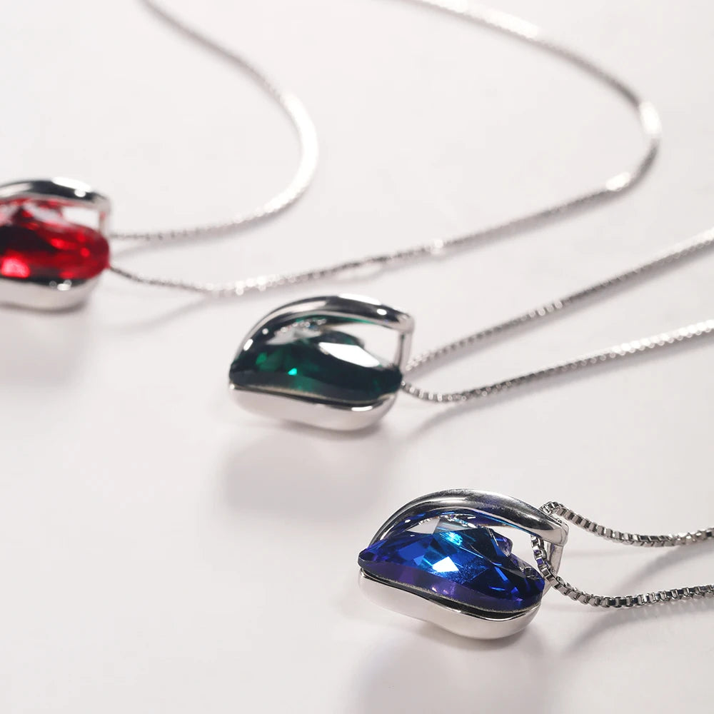 925 Sterling Silver Colorful Crystal Heart Necklace – Trendy Daily Jewelry for Women & Girls