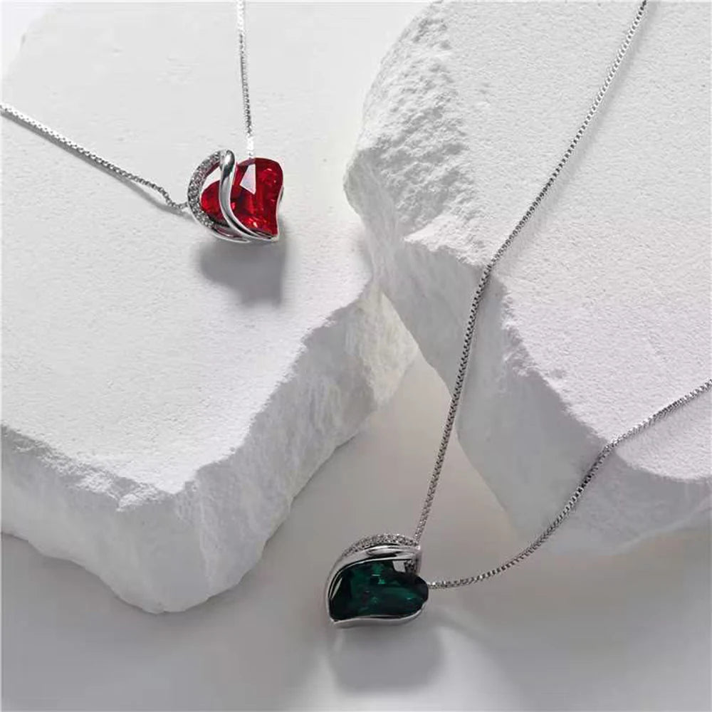925 Sterling Silver Colorful Crystal Heart Necklace – Trendy Daily Jewelry for Women & Girls