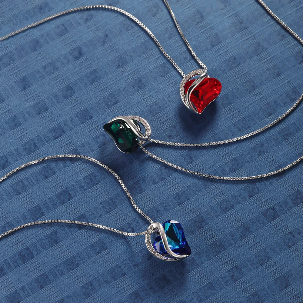 925 Sterling Silver Colorful Crystal Heart Necklace – Trendy Daily Jewelry for Women & Girls