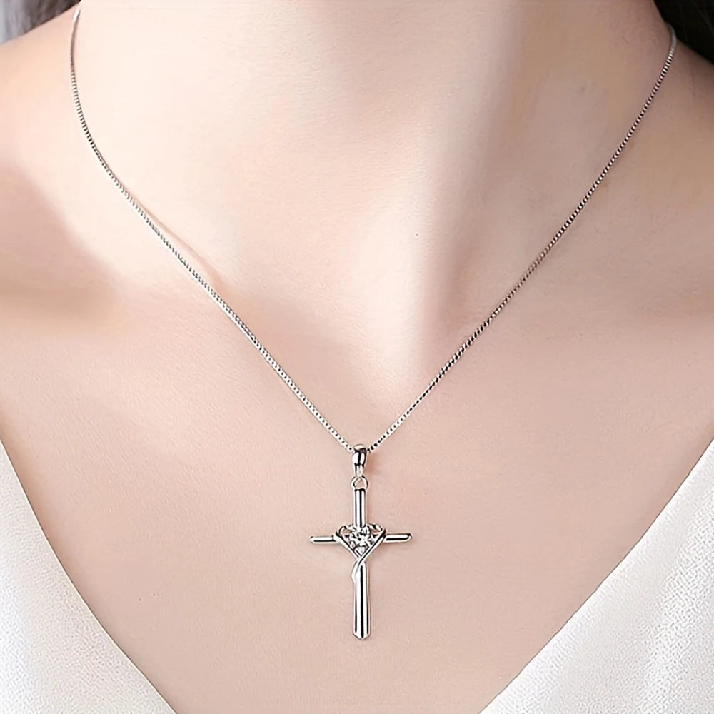925 Sterling Silver Cross Zircon Pendant Necklace – Wedding & Prayer Gift Jewelry for Women