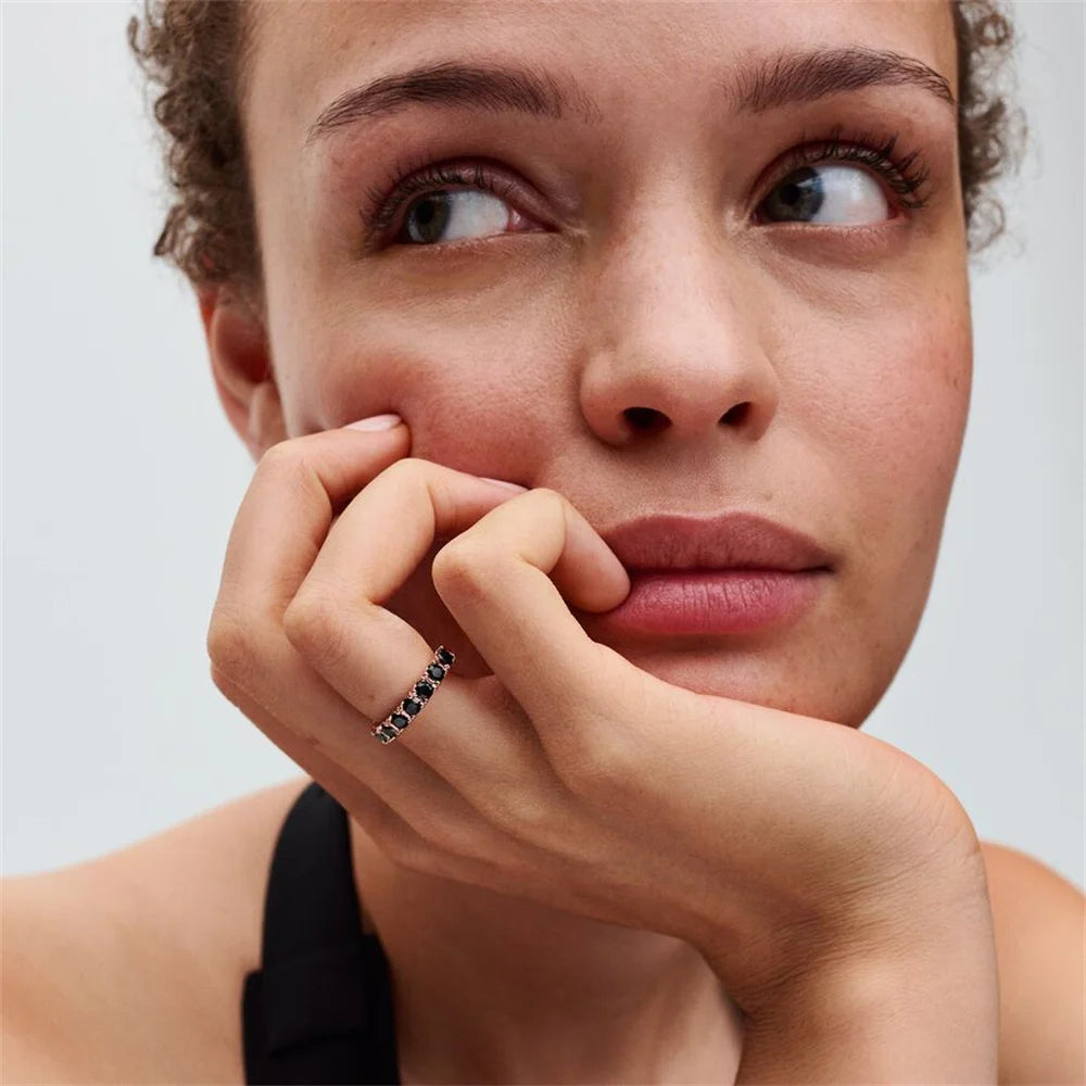 Rose Gold & Black Zircon Ring – 925 Sterling Silver Fashion Band