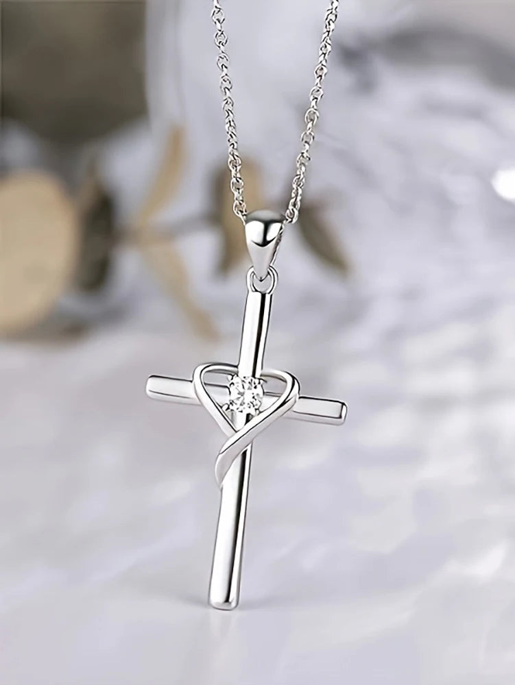 925 Sterling Silver Cross Zircon Pendant Necklace – Wedding & Prayer Gift Jewelry for Women